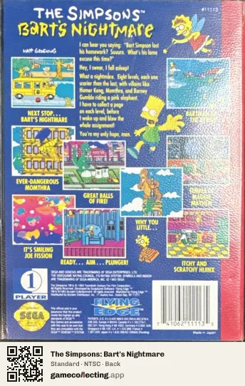 The Simpsons: Bart's Nightmare Sega Mega Drive / Genesis, NTSC box back