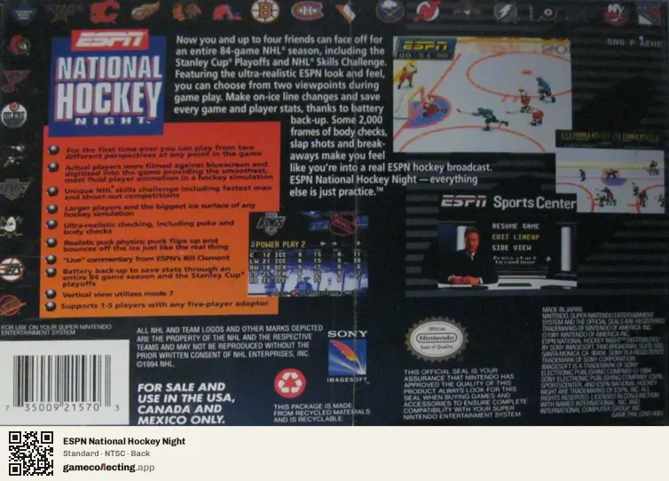 ESPN National Hockey Night Super Nintendo Entertainment System, NTSC box back