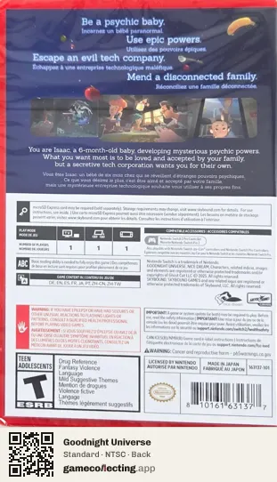 Goodnight Universe Nintendo Switch 2, NTSC box back
