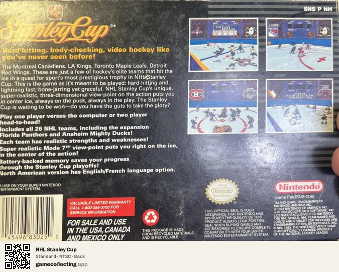 NHL Stanley Cup Super Nintendo Entertainment System, NTSC box back