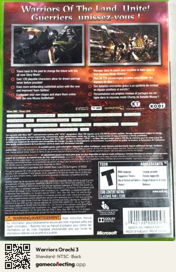 Warriors Orochi 3 Xbox 360, NTSC box back