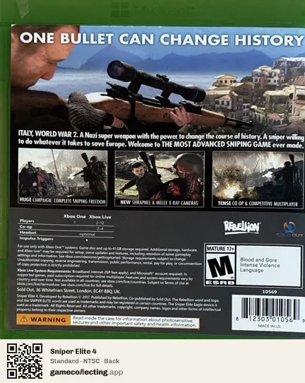 Sniper Elite 4 Xbox One, NTSC box back