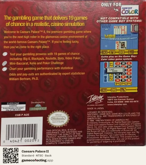 Caesars Palace II Game Boy Color, NTSC box back