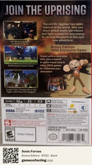 Sonic Forces Nintendo Switch, NTSC box back