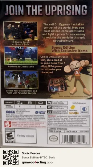 Sonic Forces Nintendo Switch, NTSC box back