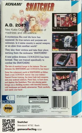 Snatcher Sega Mega-CD / Sega CD, NTSC box back