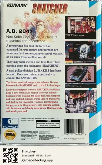Snatcher Sega Mega-CD / Sega CD, NTSC box back