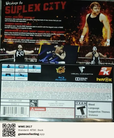 WWE 2K17 PlayStation 3, NTSC box back