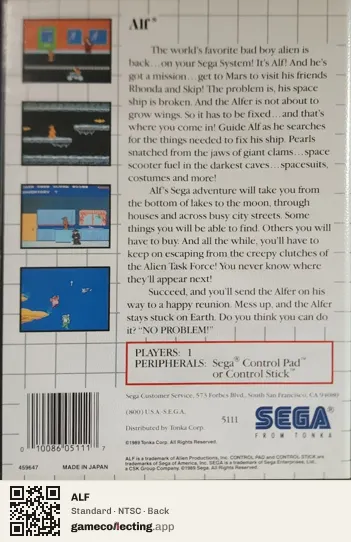 ALF Sega Master System, NTSC box back