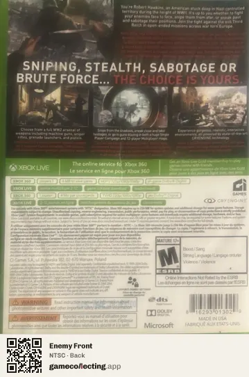 Enemy Front Xbox 360, NTSC box back