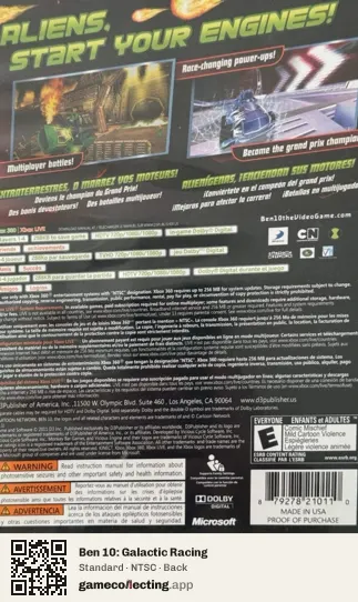 Ben 10: Galactic Racing Xbox 360, NTSC box back
