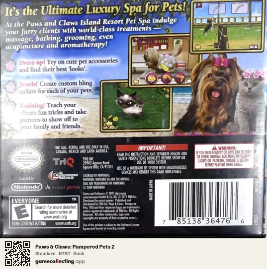 Paws & Claws: Pampered Pets 2 Nintendo DS, NTSC box back