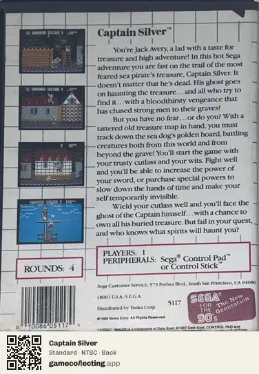 Captain Silver Sega Master System, NTSC box back
