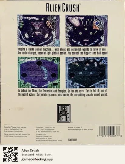 Alien Crush TurboGrafx-16, NTSC box back