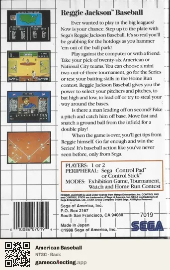 American Baseball Sega Master System, NTSC box back