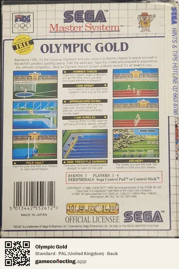 Olympic Gold Sega Master System, United Kingdom box back