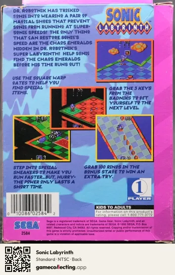 Sonic Labyrinth Sega Game Gear, NTSC box back