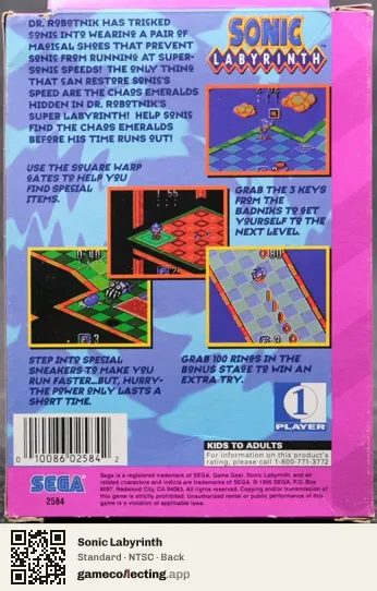 Sonic Labyrinth Sega Game Gear, NTSC box back