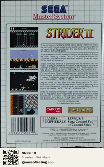 Strider II Sega Master System, PAL box back