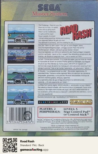 Road Rash Sega Master System, PAL box back