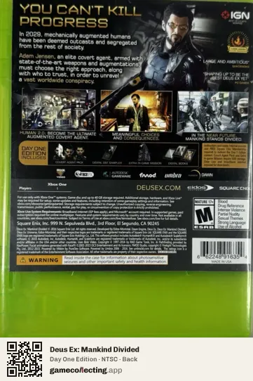 Deus Ex: Mankind Divided Xbox One, NTSC box back