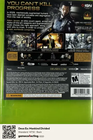 Deus Ex: Mankind Divided Xbox One, NTSC box back