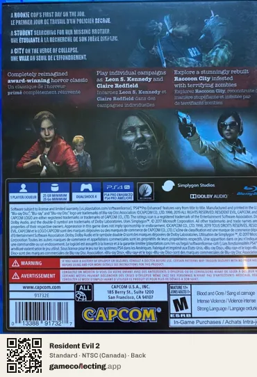 Resident Evil 2 PlayStation 4, Canada box back