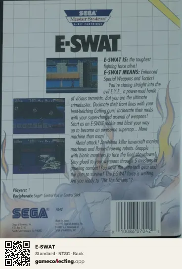 E-SWAT Sega Master System, NTSC box back