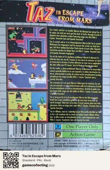 Taz in Escape from Mars Sega Game Gear, PAL box back