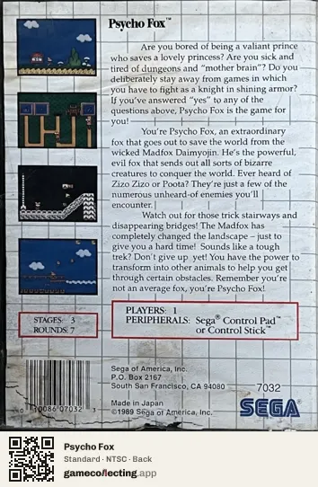Psycho Fox Sega Master System, NTSC box back