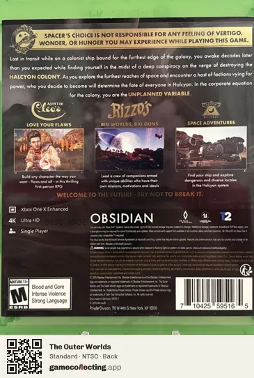 The Outer Worlds Xbox One, NTSC box back