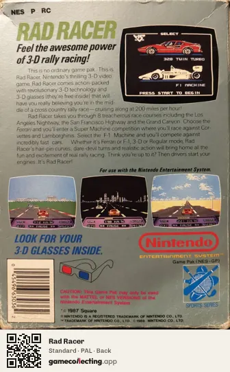 Rad Racer Nintendo Entertainment System, PAL box back
