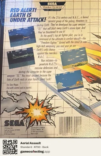 Aerial Assault Sega Master System, NTSC box back