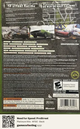 Need for Speed: ProStreet Xbox 360, NTSC box back