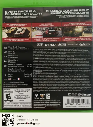GRID Xbox One, NTSC box back