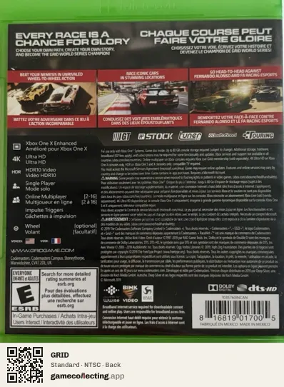 GRID Xbox One, NTSC box back