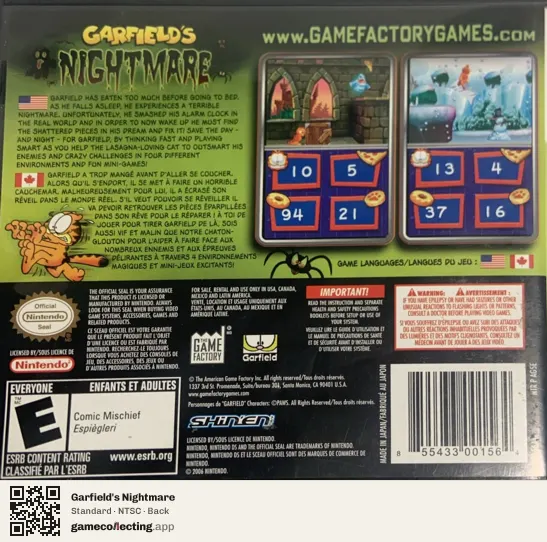 Garfield's Nightmare Nintendo DS, NTSC box back