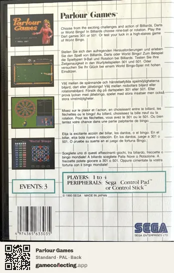 Parlour Games Sega Master System, PAL box back