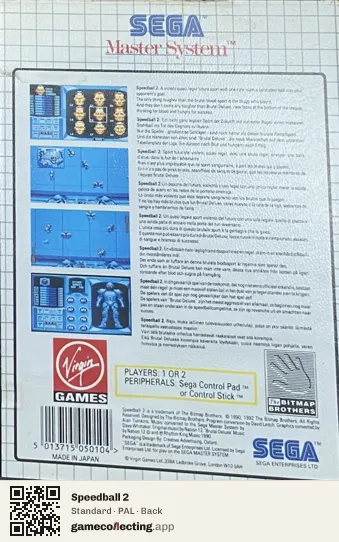 Speedball 2 Sega Master System, PAL box back