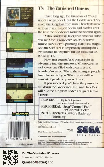 Ys: The Vanished Omens Sega Master System, NTSC box back