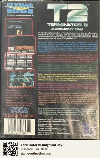 Terminator 2: Judgment Day Sega Master System, PAL box back