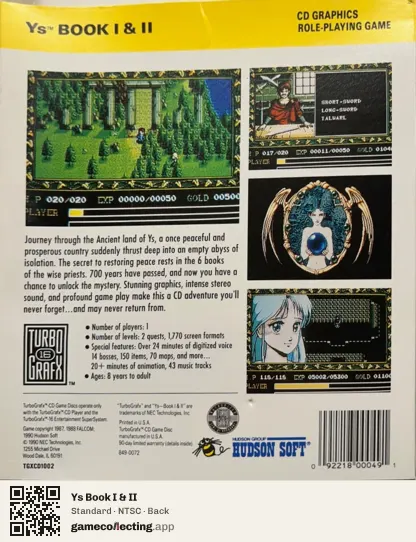 Ys Book I & II TurboGrafx-CD, NTSC box back