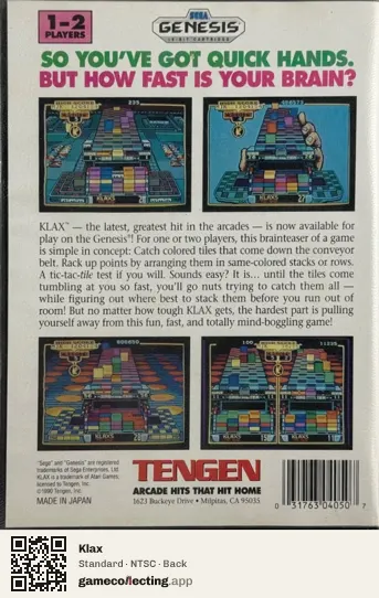 Klax Sega Mega Drive / Genesis, NTSC box back