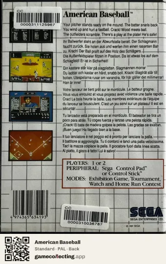 American Baseball Sega Master System, PAL box back