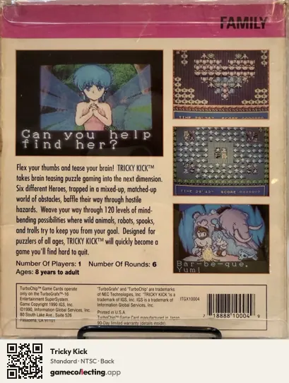 Tricky Kick TurboGrafx-16, NTSC box back