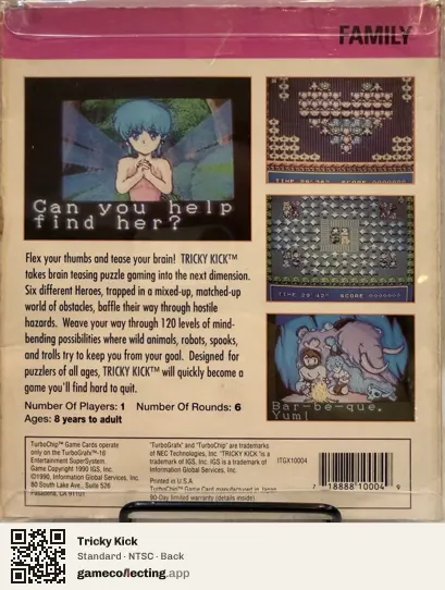 Tricky Kick TurboGrafx-16, NTSC box back