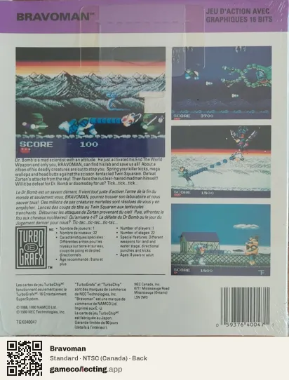 Bravoman TurboGrafx-16, Canada box back