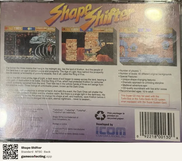 Shape Shifter TurboGrafx-CD, NTSC box back