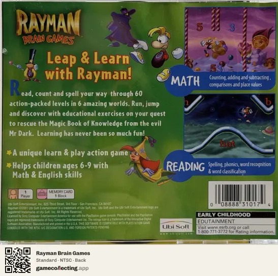 Rayman Brain Games PlayStation, NTSC box back