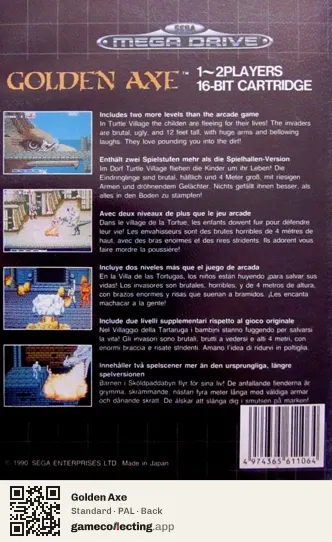 Golden Axe Sega Mega Drive / Genesis, PAL box back